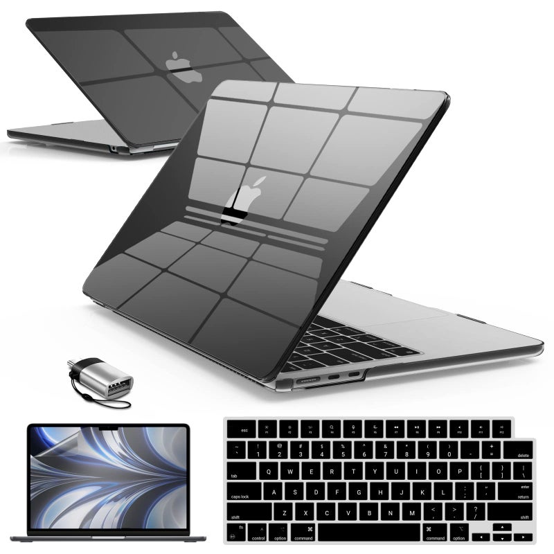 آي بينزر IBenzER متوافق مع 2025 2024 2023 2022 MacBook Air 13 بوصة حافظة M4 A3240 M3 A3113 M2 A2681 حافظة صلبة وغطاء لوحة مفاتيح وشاشة فيلم ونوع C لجهاز Mac Air 13.6 أسود كريستالي AT13-KK-CYBK+2TC - Image 1